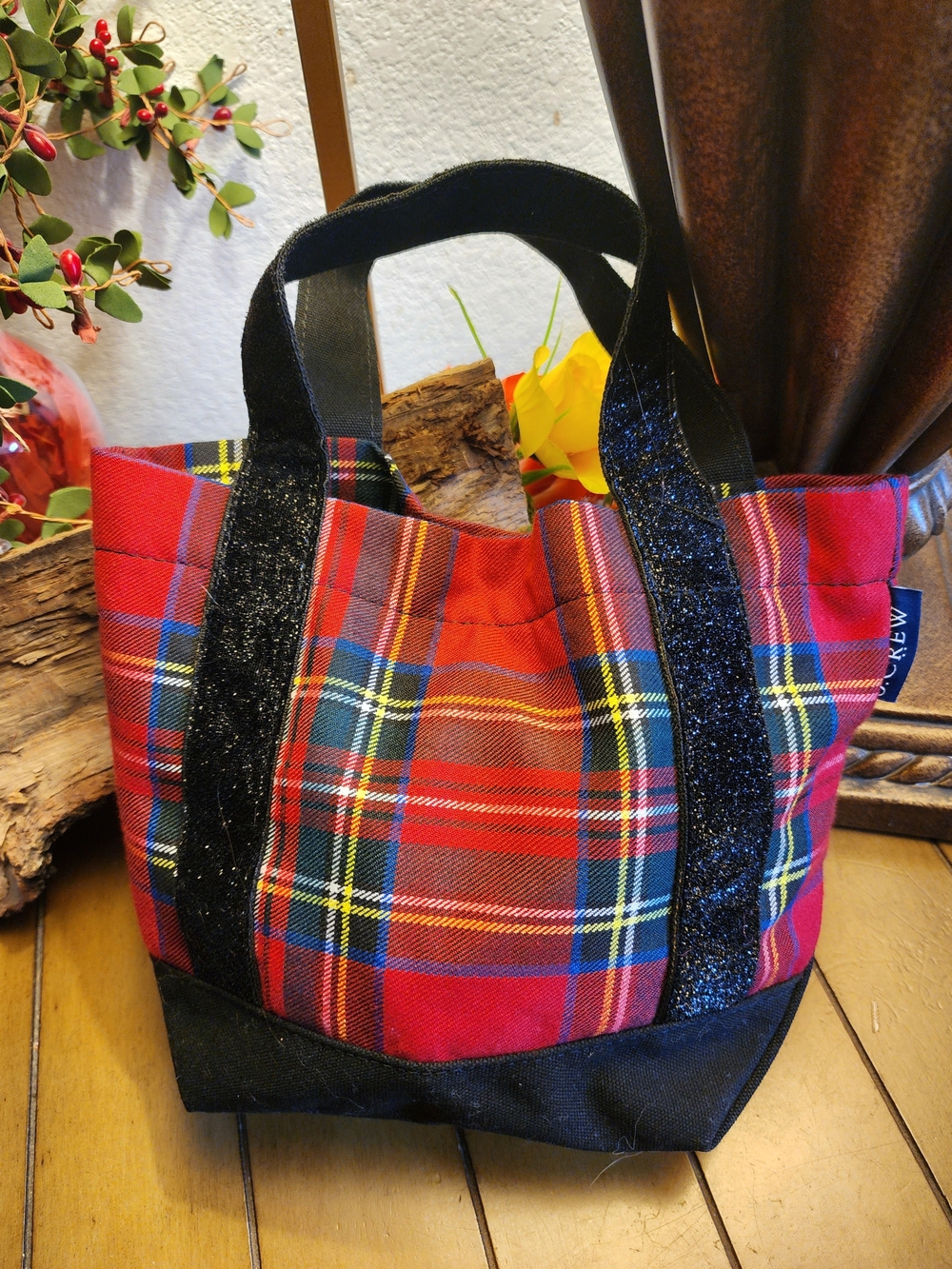 🎄J.Crew Mini Canvas Tote Bag Royal Stewart Holiday Red Plaid Glitter Handles